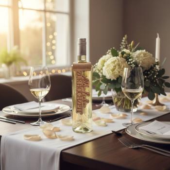 Flaschenanhänger aus Birkenholz mit gelasertem Hochzeitsspruch, dekorativ an einer Weinflasche befestigt.